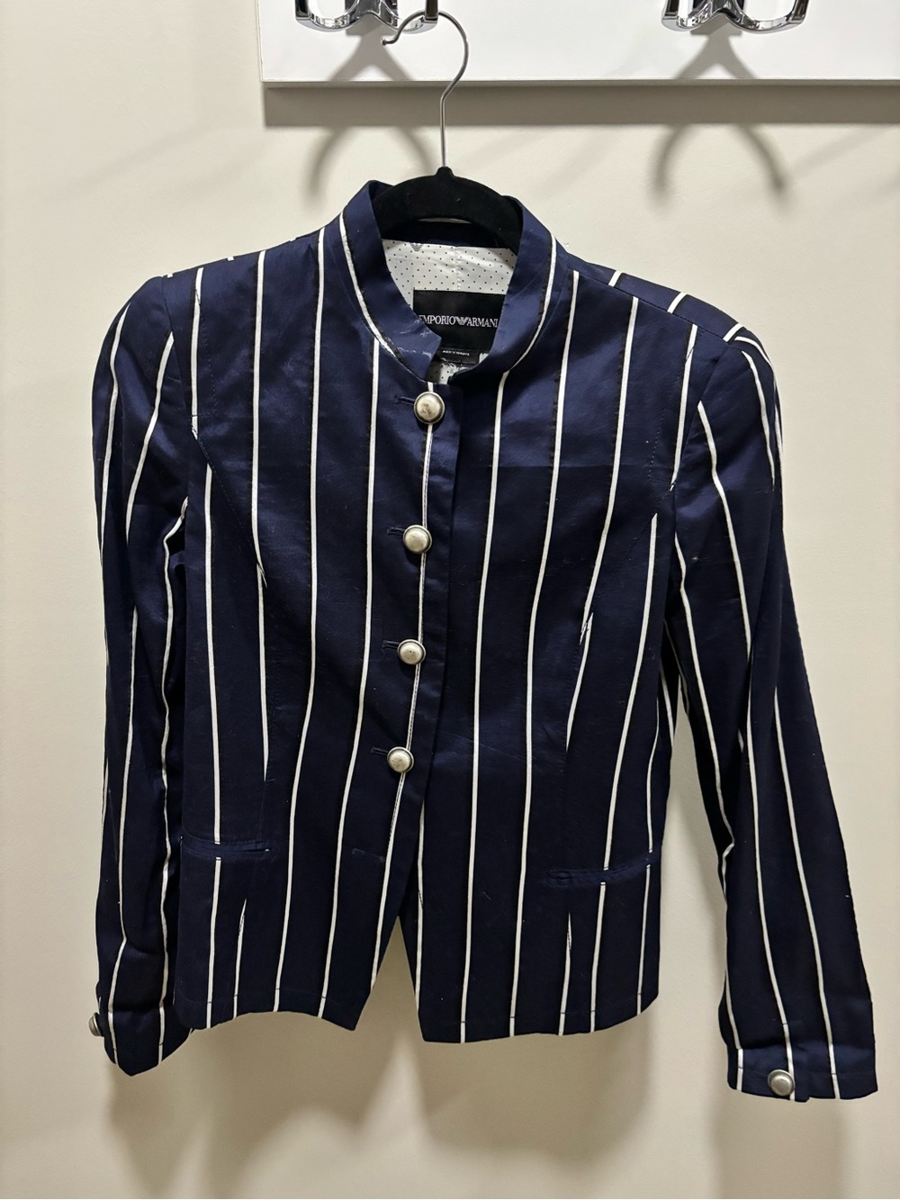 Vintage Armani Navy and White Vertical-Stripe Blazer